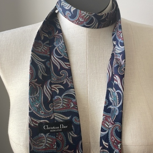 Christian Dior Monsieur Mens Silk Tie Blue Paisley Print Vintage Tie - Picture 5 of 9